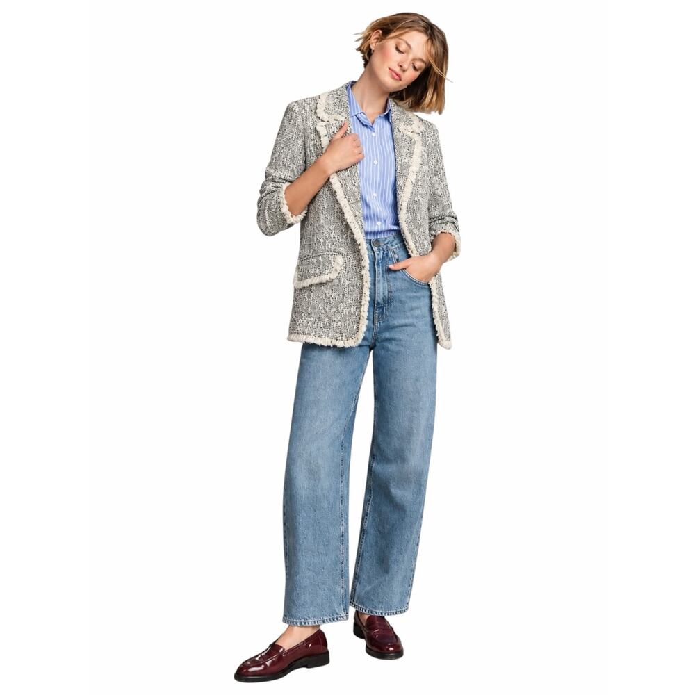 Cinq a Sept Erin Fringed Boucle Tweed Blazer Jacket Black Ivory Size 12 - Picture 12 of 12